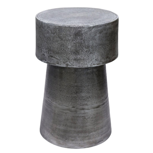 Vintage 23.6 Inch Accent Side Table, Round Top, Antique Silver Cast Aluminum Drum Base