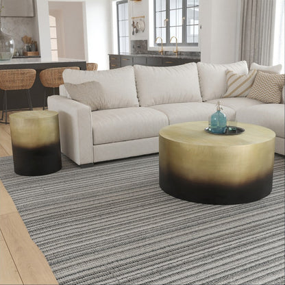 Dyan Coffee Table, 34.5 Inch Round Drum Shape, Black, Gold Antique Brass Ombre