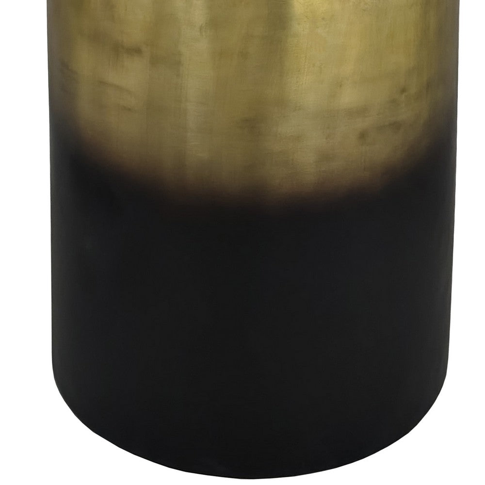 Dyan 20 Inch Side End Table, Round Drum Shape, Black, Gold Antique Brass Ombre