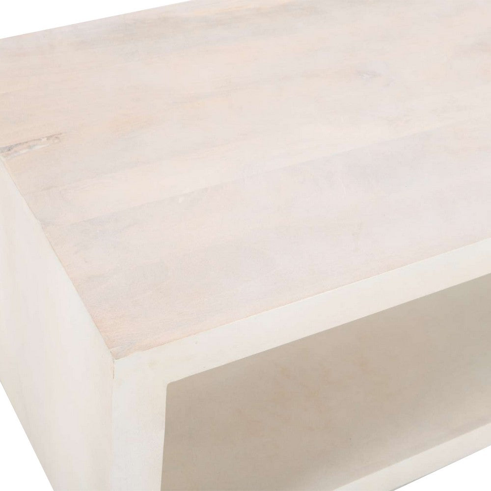 Keli Coffee Table, 58 Inch Minimalist Open Frame, Rustic Washed White Mango Wood