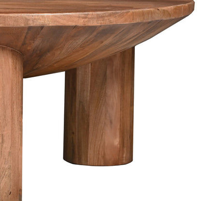 Meridian Coffee Table, 38 Inch Round Top, 3 Column Pillar Legs, Natural Brown Mango Wood
