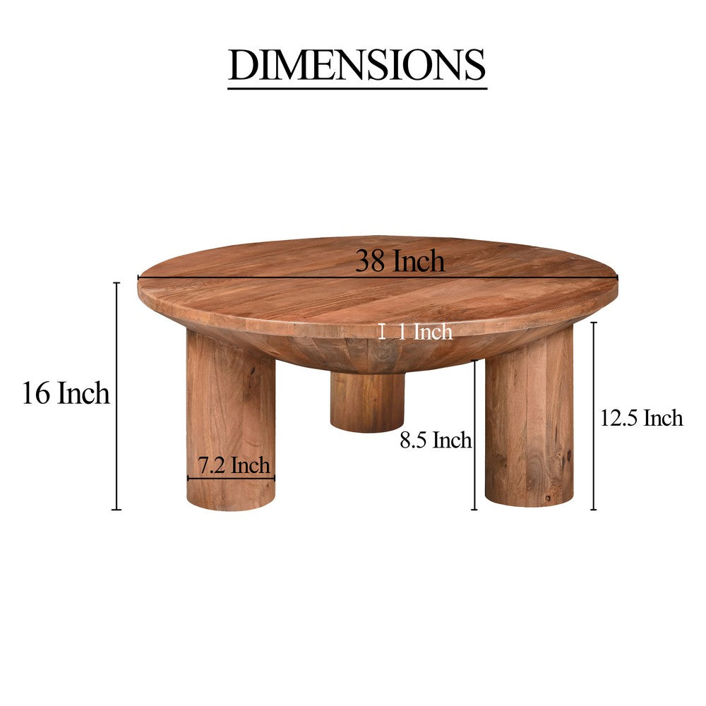 Meridian Coffee Table, 38 Inch Round Top, 3 Column Pillar Legs, Natural Brown Mango Wood