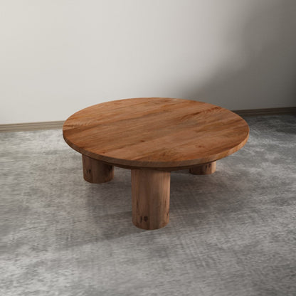 Meridian Coffee Table, 38 Inch Round Top, 3 Column Pillar Legs, Natural Brown Mango Wood