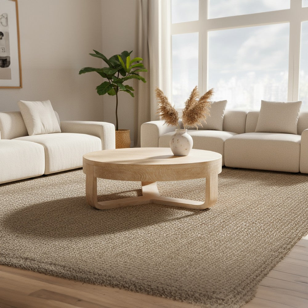 Milan Coffee Table, 32 Inch Round Top, Mango Wood with Sandblasted Natural Brown, Open Sled Base