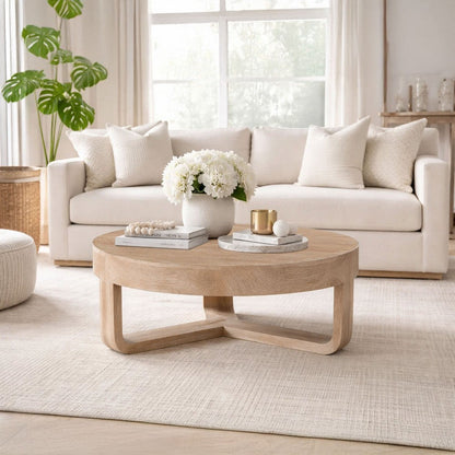 Milan Coffee Table, 32 Inch Round Top, Mango Wood with Sandblasted Natural Brown, Open Sled Base