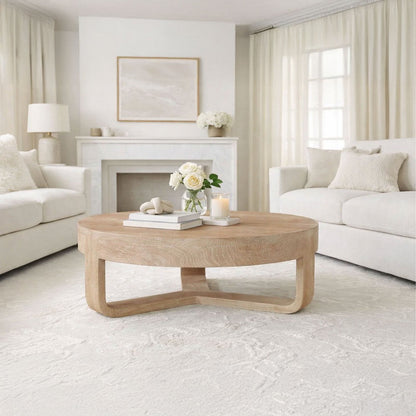Milan Coffee Table, 32 Inch Round Top, Mango Wood with Sandblasted Natural Brown, Open Sled Base