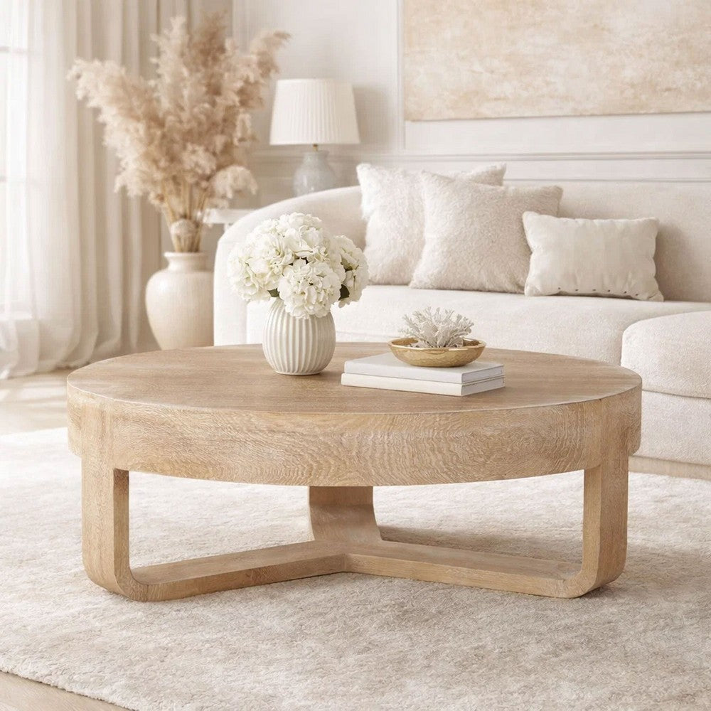 Milan Coffee Table, 32 Inch Round Top, Mango Wood with Sandblasted Natural Brown, Open Sled Base