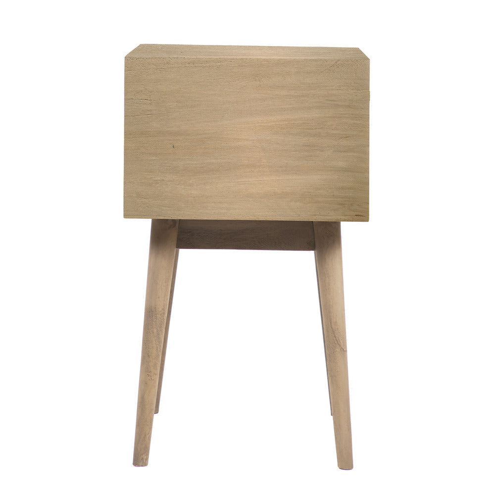 Nali Bedside Nightstand Table, 2 Drawers, Sandblasted Washed Ash White Mango Wood, Brass Knobs