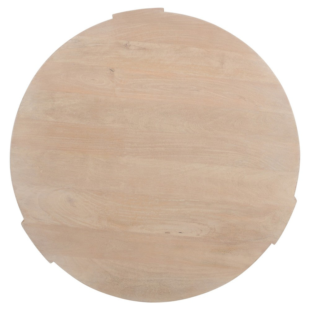 Joana Coffee Table, 35 Inch Round Drum Shape with 3 Legs, Sandblasted Natural Brown Mango Wood