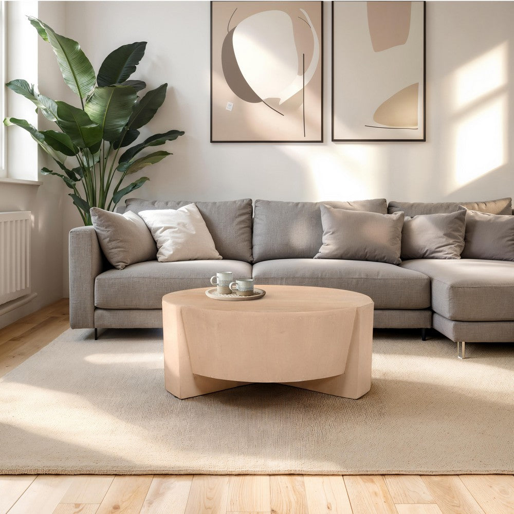 Joana Coffee Table, 35 Inch Round Drum Shape with 3 Legs, Sandblasted Natural Brown Mango Wood