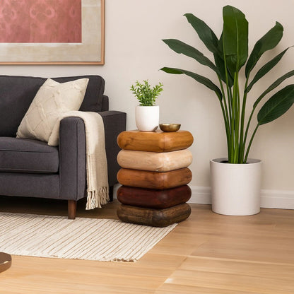 Zyra 18 Inch Side End Table, Sculptural Stacked Design, Mango and Acacia Wood Artisanship, Brown