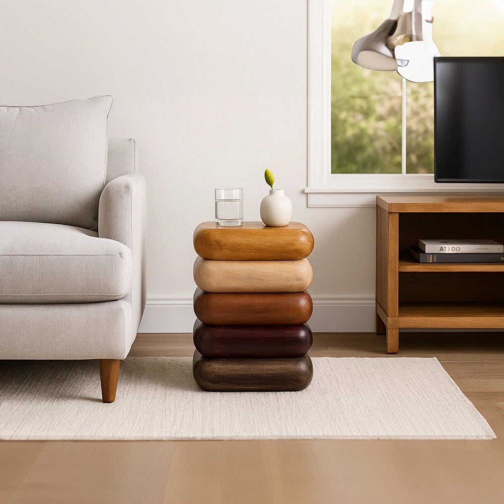 Zyra 18 Inch Side End Table, Sculptural Stacked Design, Mango and Acacia Wood Artisanship, Brown