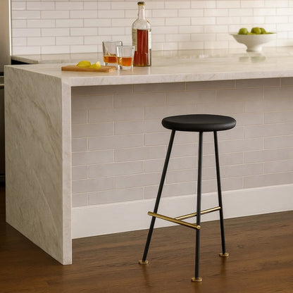 Elira 24" Backless Counter Stool with Mango Wood Saddle Seat | Black Iron Legs | Gold Footrest