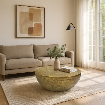 Terminus Coffee Table, 36 Inch Round Bowl Base with Hand Etched Texture, Antique Brass