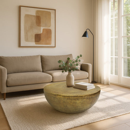Terminus Coffee Table, 36 Inch Round Bowl Base with Hand Etched Texture, Antique Brass