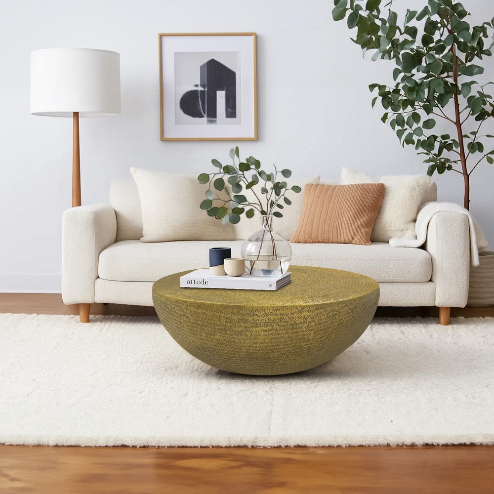 Terminus Coffee Table, 36 Inch Round Bowl Base with Hand Etched Texture, Antique Brass