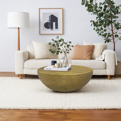 Terminus Coffee Table, 36 Inch Round Bowl Base with Hand Etched Texture, Antique Brass
