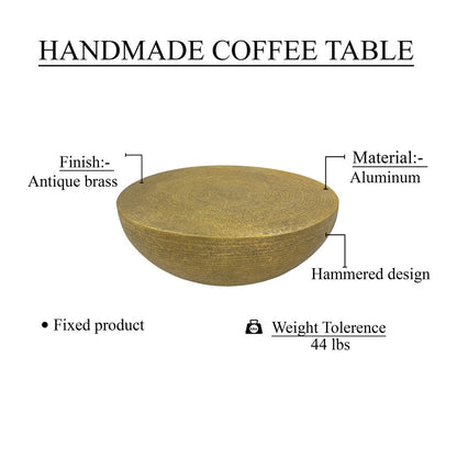 Terminus Coffee Table, 36 Inch Round Bowl Base with Hand Etched Texture, Antique Brass