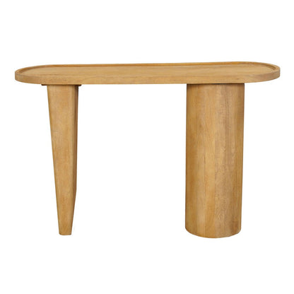Sofa Console Table, 47 Inch Raised Edge Oval Shape Tray Top, Sandblasted Natural Brown Mango Wood - UPT-332350