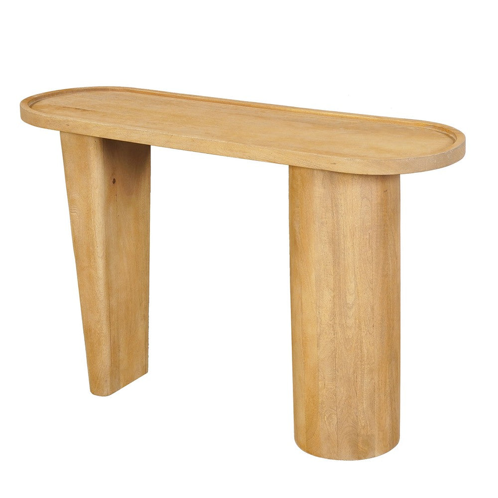 Sofa Console Table, 47 Inch Raised Edge Oval Shape Tray Top, Sandblasted Natural Brown Mango Wood - UPT-332350