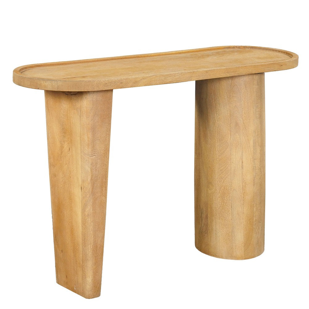 Sofa Console Table, 47 Inch Raised Edge Oval Shape Tray Top, Sandblasted Natural Brown Mango Wood - UPT-332350