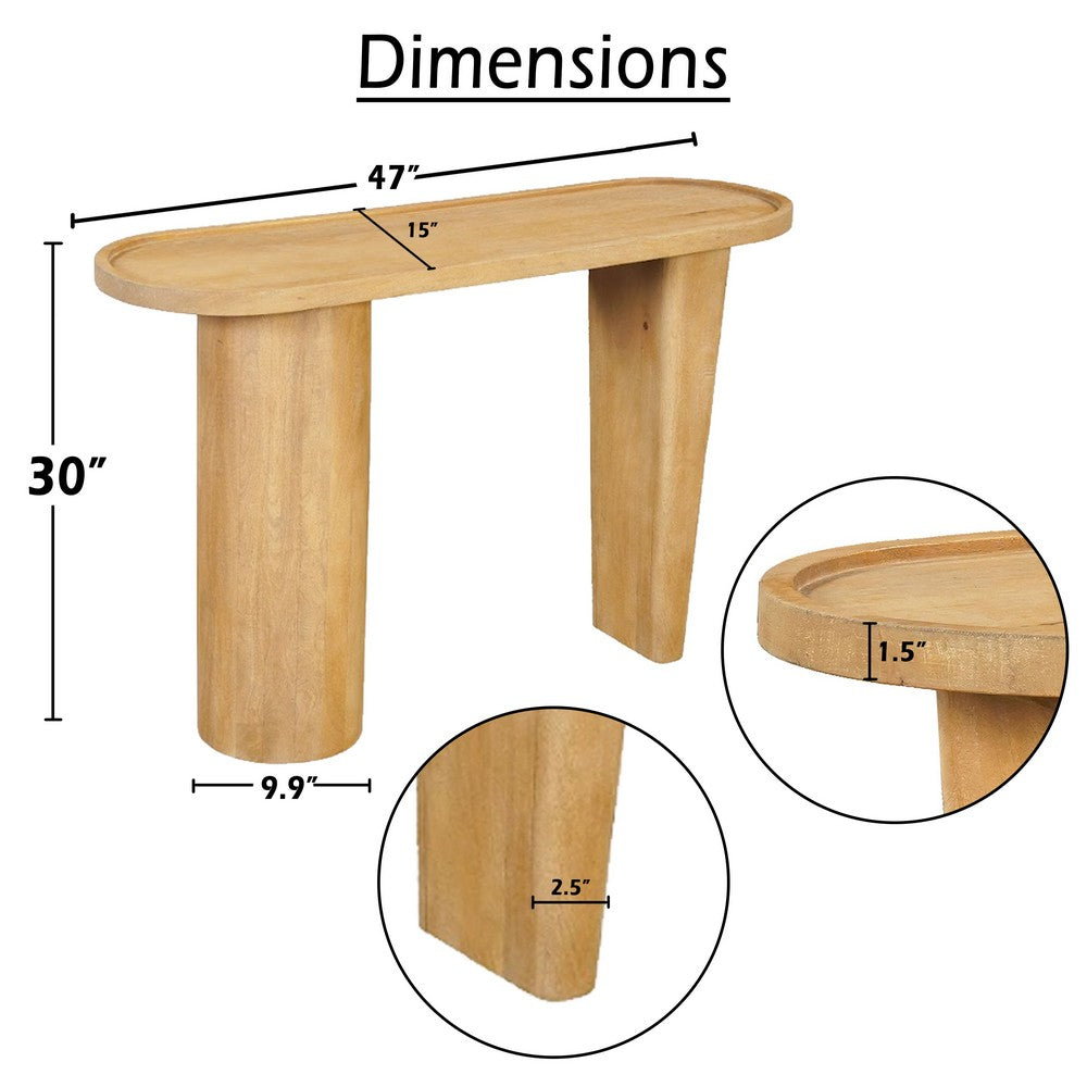 Sofa Console Table, 47 Inch Raised Edge Oval Shape Tray Top, Sandblasted Natural Brown Mango Wood - UPT-332350