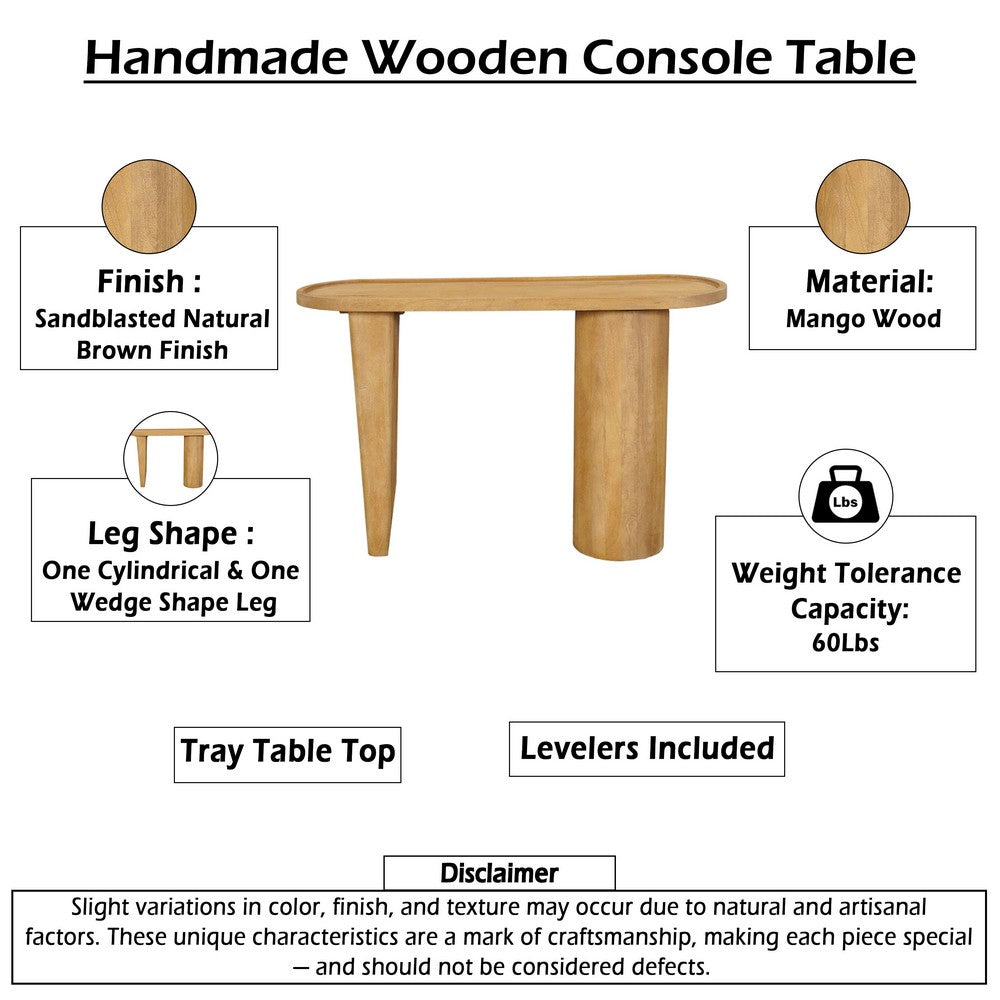 Sofa Console Table, 47 Inch Raised Edge Oval Shape Tray Top, Sandblasted Natural Brown Mango Wood - UPT-332350