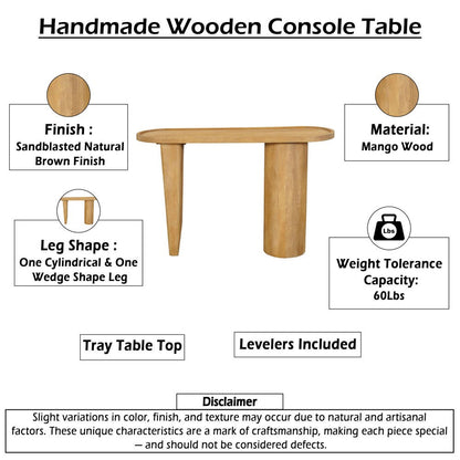 Sofa Console Table, 47 Inch Raised Edge Oval Shape Tray Top, Sandblasted Natural Brown Mango Wood - UPT-332350