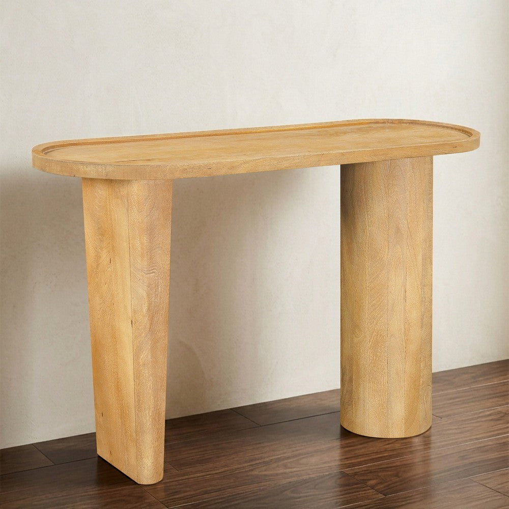 Sofa Console Table, 47 Inch Raised Edge Oval Shape Tray Top, Sandblasted Natural Brown Mango Wood - UPT-332350