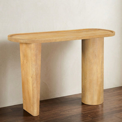 Sofa Console Table, 47 Inch Raised Edge Oval Shape Tray Top, Sandblasted Natural Brown Mango Wood - UPT-332350