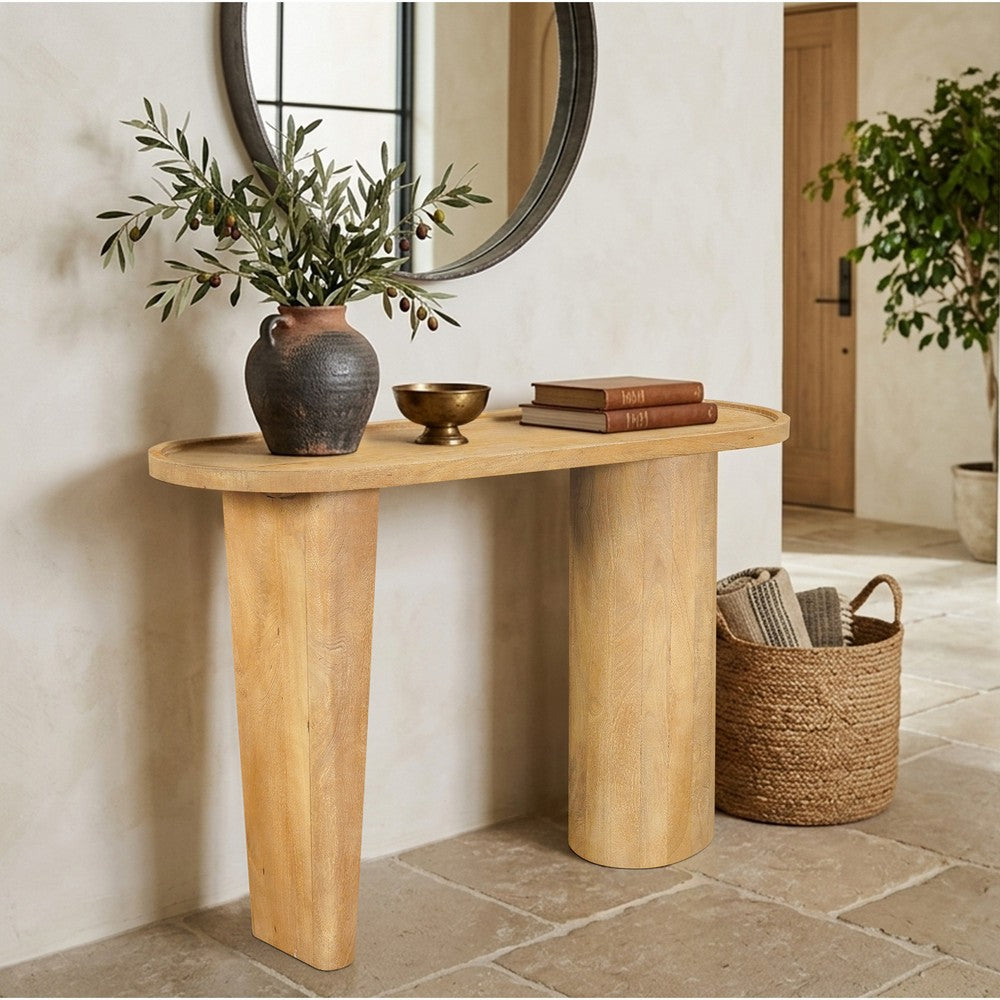 Sofa Console Table, 47 Inch Raised Edge Oval Shape Tray Top, Sandblasted Natural Brown Mango Wood - UPT-332350
