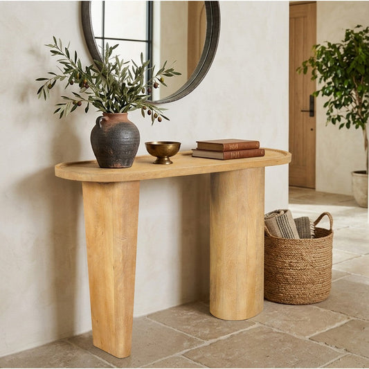 Sofa Console Table, 47 Inch Raised Edge Oval Shape Tray Top, Sandblasted Natural Brown Mango Wood - UPT-332350