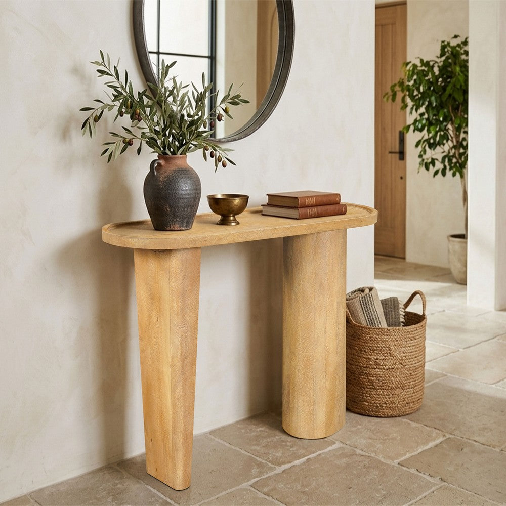 Sofa Console Table, 47 Inch Raised Edge Oval Shape Tray Top, Sandblasted Natural Brown Mango Wood - UPT-332350