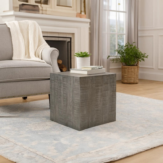 Rydan Side End Table | 19 Inch Square Block Top | Sandblasted Gray Mango Wood