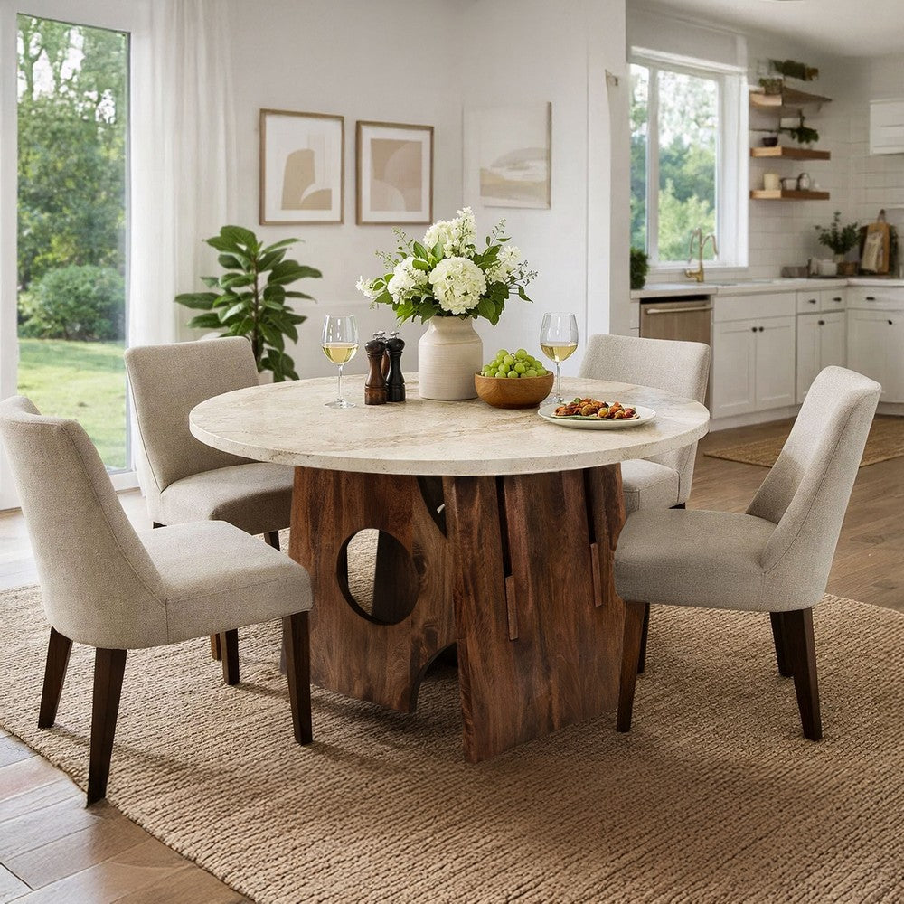Kali Dining Table | 48" Natural Round Marble Tabletop | Dark Brown Mango Wood Sculptural Pedestal Base - UPT-332356