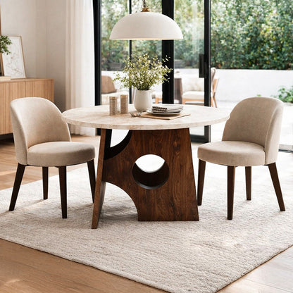 Kali Dining Table | 48" Natural Round Marble Tabletop | Dark Brown Mango Wood Sculptural Pedestal Base - UPT-332356