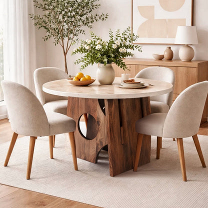 Kali Dining Table | 48" Natural Round Marble Tabletop | Dark Brown Mango Wood Sculptural Pedestal Base - UPT-332356