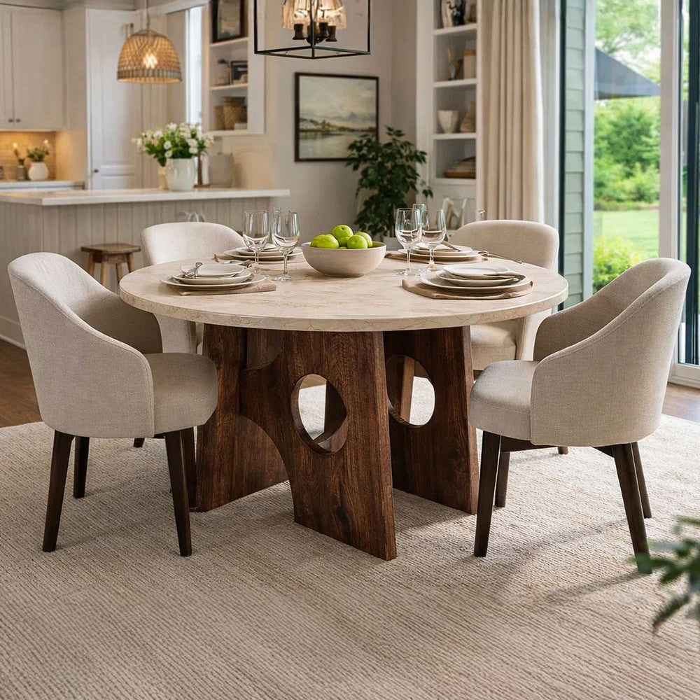 Kali Dining Table | 48" Natural Round Marble Tabletop | Dark Brown Mango Wood Sculptural Pedestal Base - UPT-332356