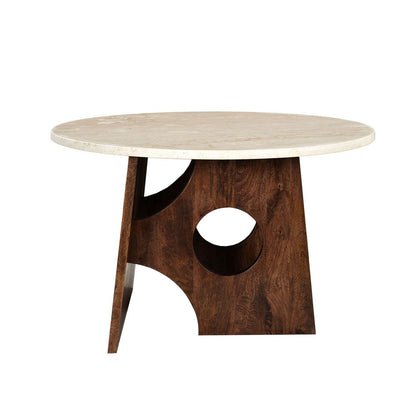 Kali Dining Table | 48" Natural Round Marble Tabletop | Dark Brown Mango Wood Sculptural Pedestal Base - UPT-332356
