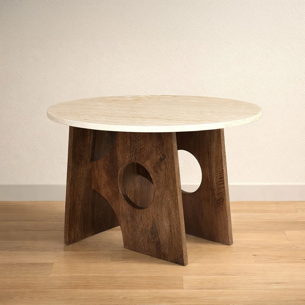 Kali Dining Table | 48" Natural Round Marble Tabletop | Dark Brown Mango Wood Sculptural Pedestal Base - UPT-332356