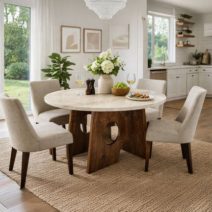 Kali Dining Table | 48" Natural Round Marble Tabletop | Dark Brown Mango Wood Sculptural Pedestal Base - UPT-332356