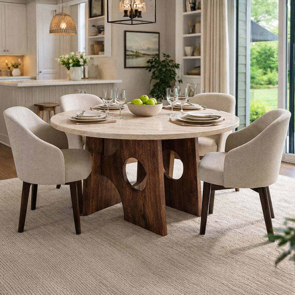 Kali Dining Table | 48" Natural Round Marble Tabletop | Dark Brown Mango Wood Sculptural Pedestal Base - UPT-332356
