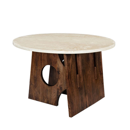 Kali Dining Table | 48" Natural Round Marble Tabletop | Dark Brown Mango Wood Sculptural Pedestal Base - UPT-332356