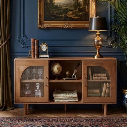 64 Inch James TV Stand Console, 2 Arch Glass Door Cabinets & Shelves, Walnut Brown Mango Wood