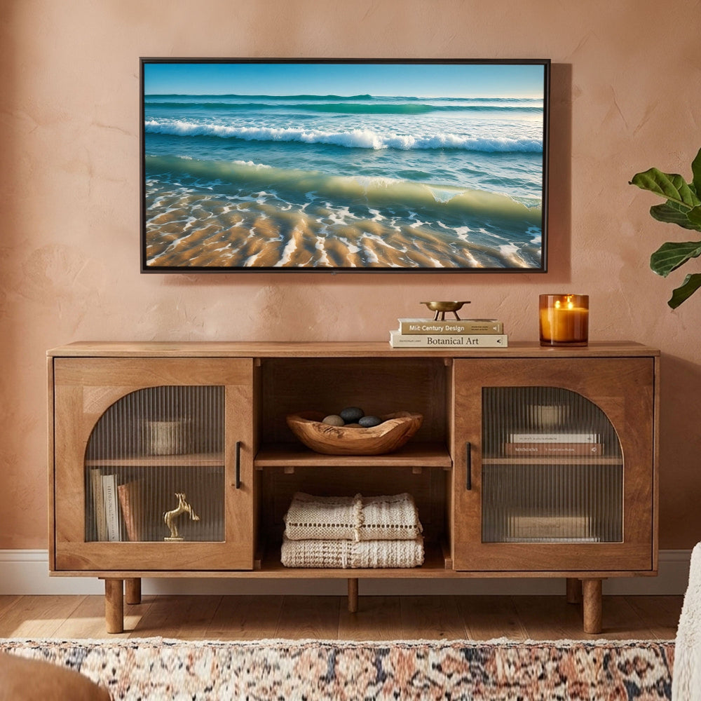 64 Inch James TV Stand Console, 2 Arch Glass Door Cabinets & Shelves, Walnut Brown Mango Wood