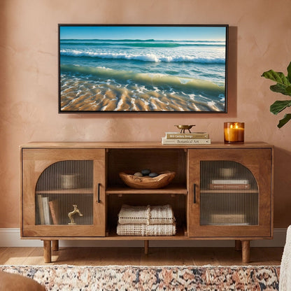 64 Inch James TV Stand Console, 2 Arch Glass Door Cabinets & Shelves, Walnut Brown Mango Wood