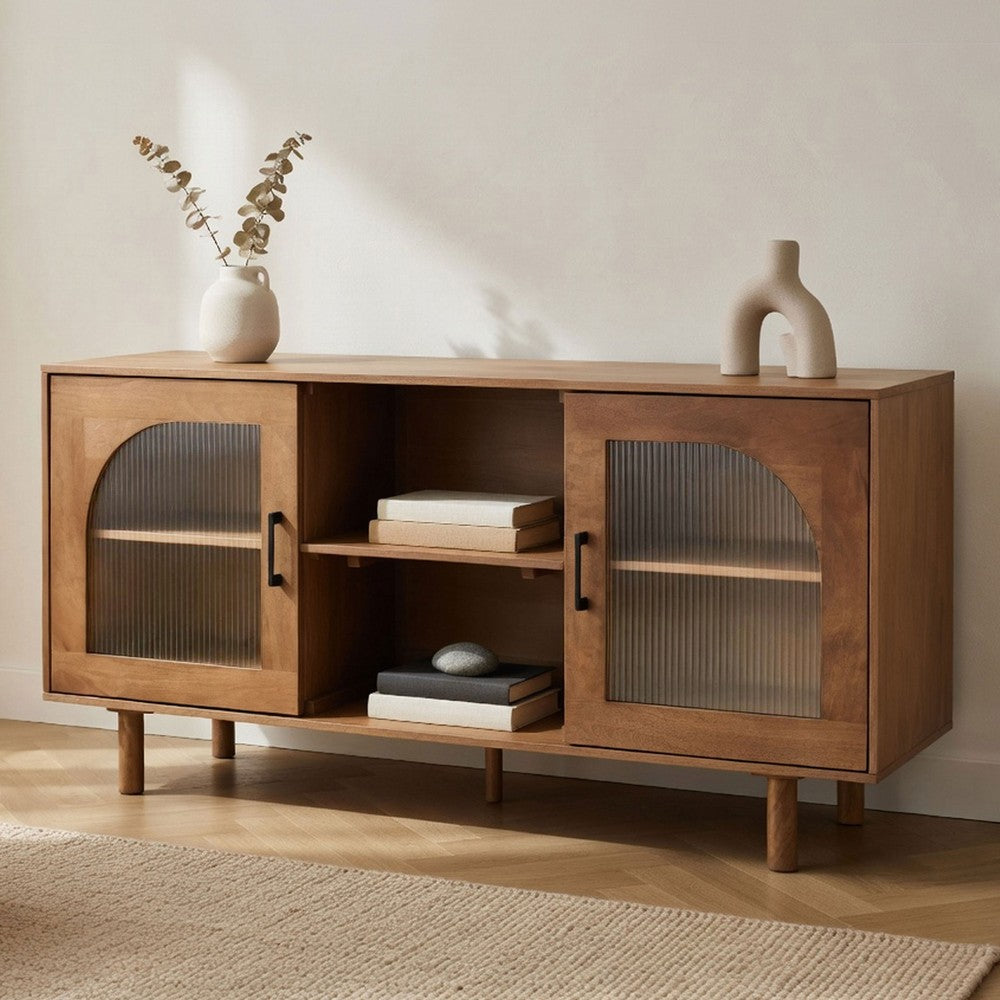 64 Inch James TV Stand Console, 2 Arch Glass Door Cabinets & Shelves, Walnut Brown Mango Wood