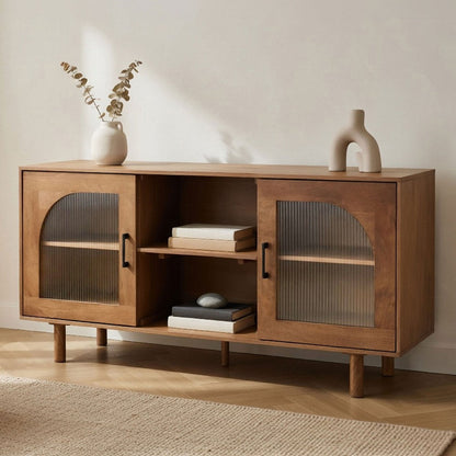 64 Inch James TV Stand Console, 2 Arch Glass Door Cabinets & Shelves, Walnut Brown Mango Wood