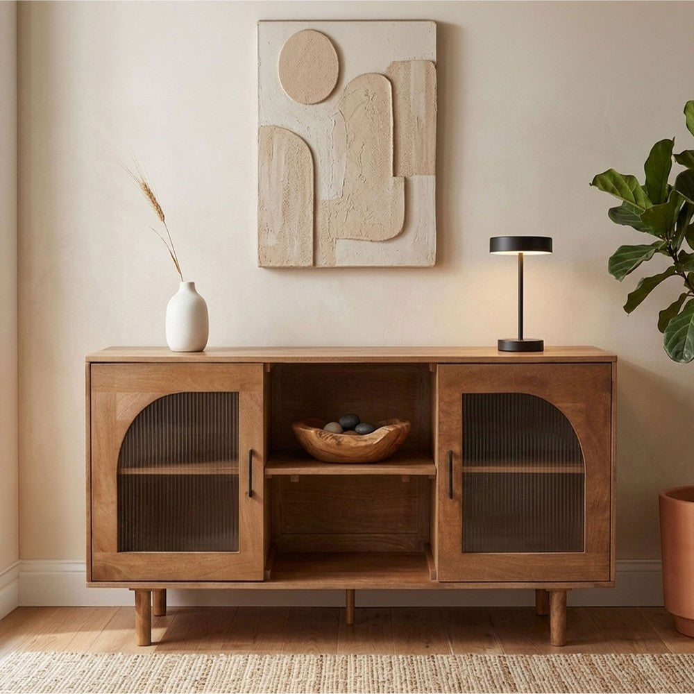 64 Inch James TV Stand Console, 2 Arch Glass Door Cabinets & Shelves, Walnut Brown Mango Wood