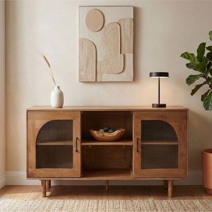 64 Inch James TV Stand Console, 2 Arch Glass Door Cabinets & Shelves, Walnut Brown Mango Wood